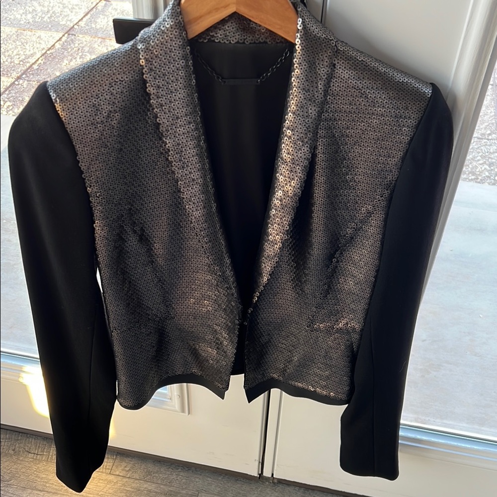 Elie Tahari Black and Silver Blazer with Notched Lapel